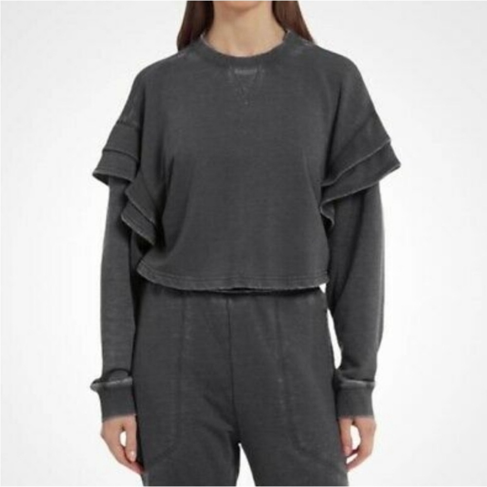 7FAMK 7 For All Mankind Women's Cropped Ruffle Shoulder Dark Gray Sweatshirt
